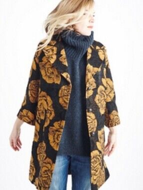 Smythe Black Wool Military Coat Gold Button Longline Floral Opera Pea Size 8